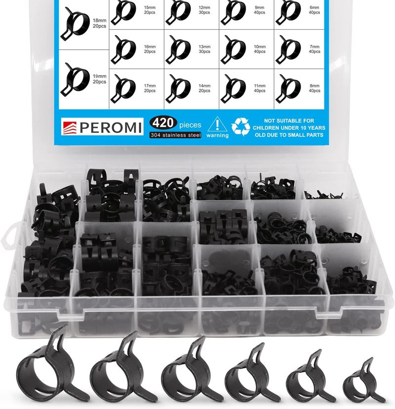 PEROMI 14 Size 6-19mm Spring Hose Clamps, Constant Tension Hose Clamp Fuel Line Silicone Vacuum Hose Steel Pipe Clamp, Low Pressure Air Clip Clamp, Black, 420pcs - Image 1